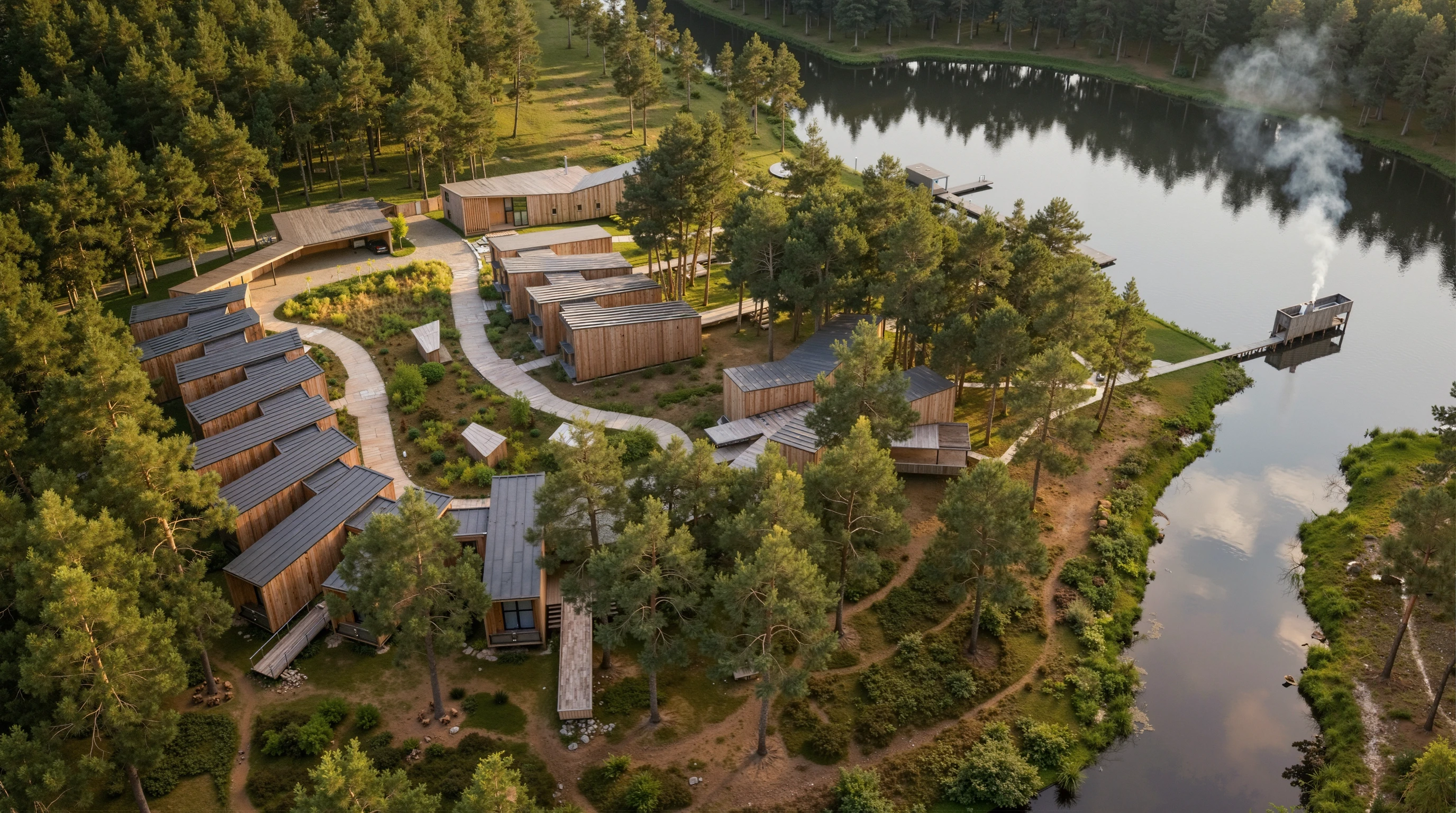 Aerial view of small cabins and paths in a pine forest beside water.